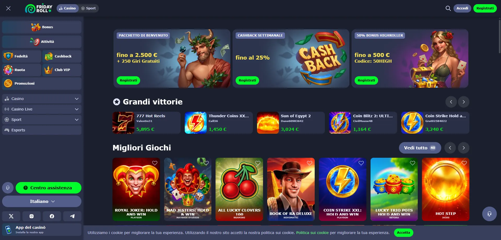 FridayRoll Casino Italia panoramica giochi e bonus benvenuto