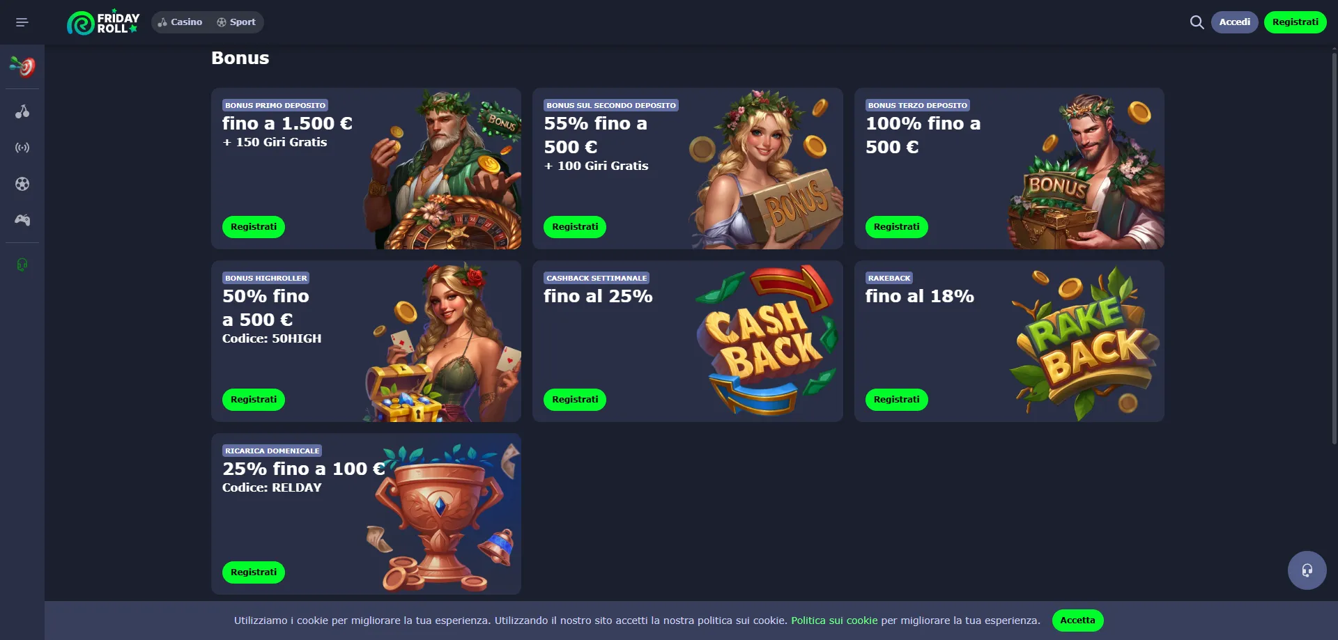 FridayRoll Casino bonus benvenuto 250 giri gratuiti primo deposito